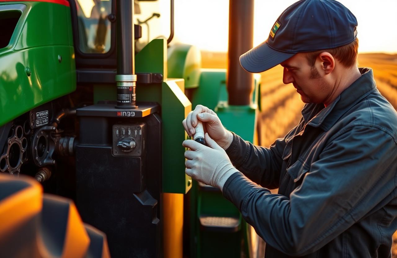 Technician applying lubrication to a green tractor in a crop field