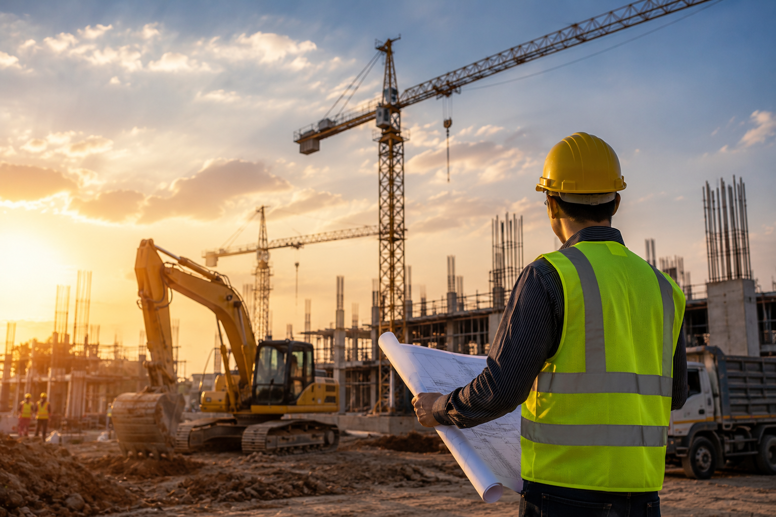 Yellow excavator on an urban construction site